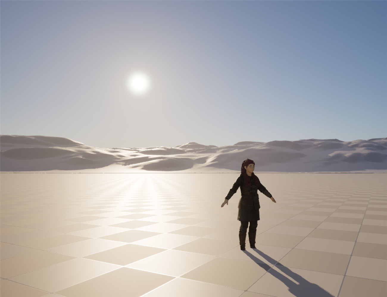 A real-time viewport capture from Unreal Engine of the course's Daz-derived character SK_Anya standing on a landscape: a bespoke, art-directed digital human rather than a MetaHuman. On its own this character needs its own facial rig, levels of detail, grooms, and skin shading built by hand, which is exactly the work MetaHuman automates and the reason it becomes an ideal candidate for the Mesh to MetaHuman workflow in the next lesson.