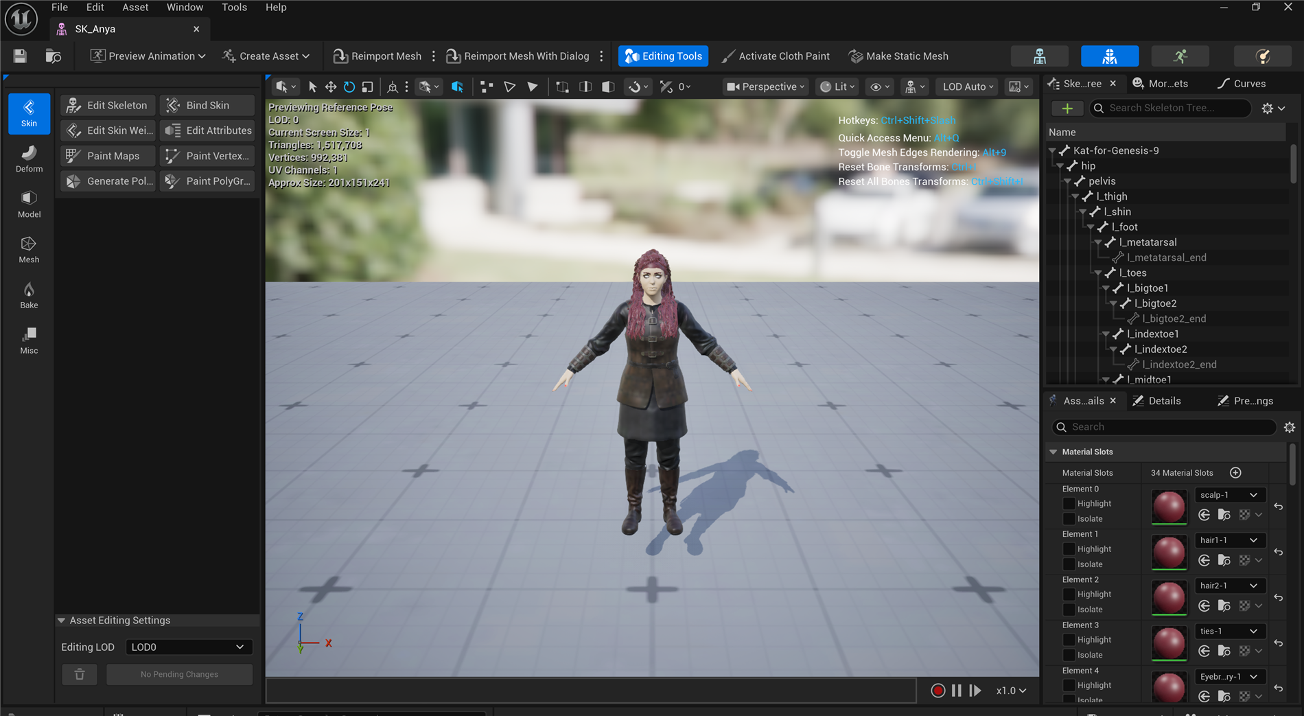 The Unreal Engine Skeletal Mesh editor open on SK_Anya, the course's Daz-derived character, shown in an A-pose in the viewport. The Skeleton Tree panel on the right lists the character's real Daz bone names starting at the Kat-for-Genesis-9 root through hip, pelvis, and the leg chain, and the material panel shows the mesh carries thirty-four material slots. This is a bespoke custom human with its own skeleton and materials but no MetaHuman facial rig, the exact kind of input Mesh to MetaHuman is designed to convert.