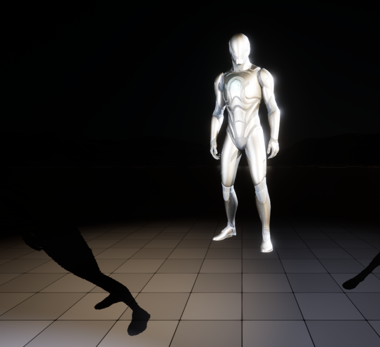 A finished cinematic frame captured live in the ClaudeTest project. A single figure stands off center on the right third of the frame, lit with a bright warm key from the left and a cool rim that separates it from a near-black background. The figure casts a long soft shadow across a subtly lit checkered floor that recedes into darkness. The composition, lighting, and mood are those of a deliberate hero shot rather than a flat viewport preview.