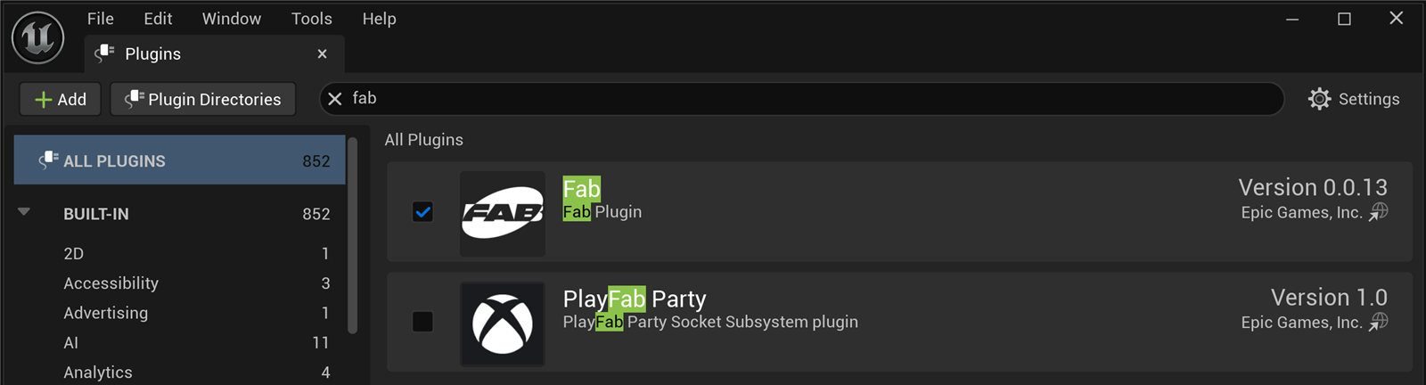 The Fab plugin listed in Edit > Plugins in Unreal Engine 5.8: enabled (checkbox ticked), published by Epic Games, Inc., Version 0.0.13, with no Experimental badge.