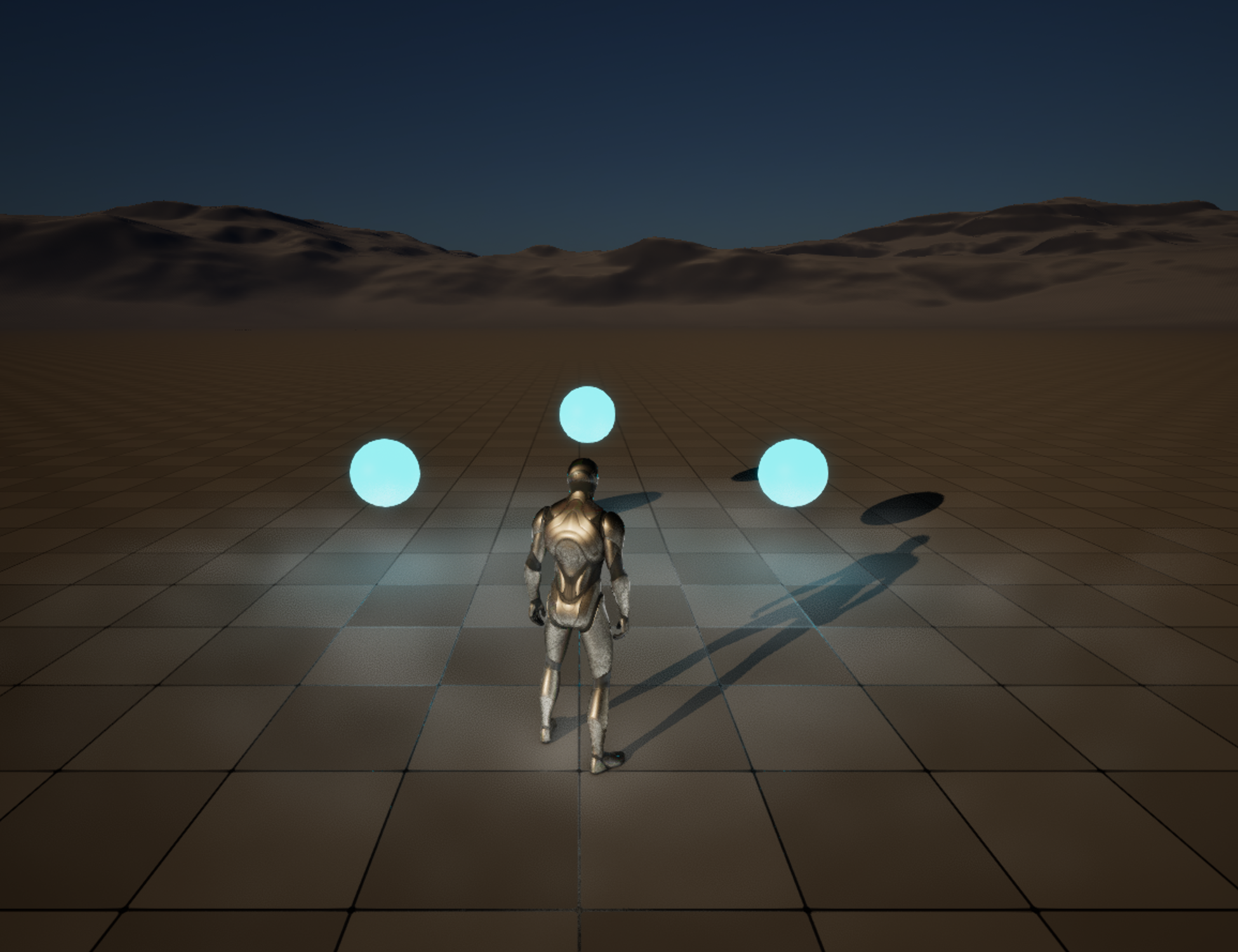 A frame captured in the Unreal editor: an armored character stands with its back to the camera at the center of a large tiled floor, and three glowing cyan orbs float at about chest height, arranged in a shallow arc in front of the character. The tiled play area recedes toward rolling desert dunes under a dusk sky, and the character casts a long soft shadow across the tiles. The scene reads as the playfield of a small collect-the-orbs game.
