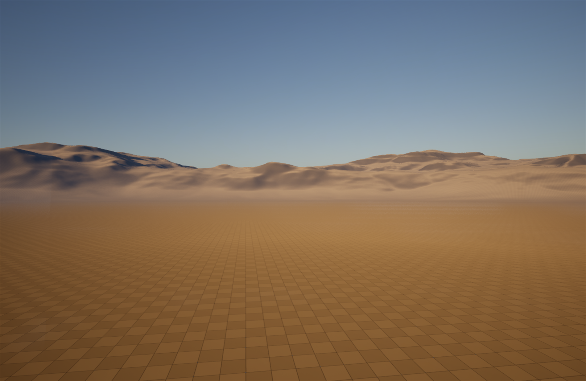 A real-time desert landscape vista captured live in the course's Unreal project, lit entirely by Lumen. A low warm sun rakes across a field of sand dunes on the horizon, modeling their forms with soft light and shadow. The flat desert floor sweeps into the distance and hazes into warm atmospheric perspective at the base of the dunes. Above, a clean sky graduates from deep blue at the top to a pale warm band at the horizon. No character or object is in the scene; it is a pure lit environment.