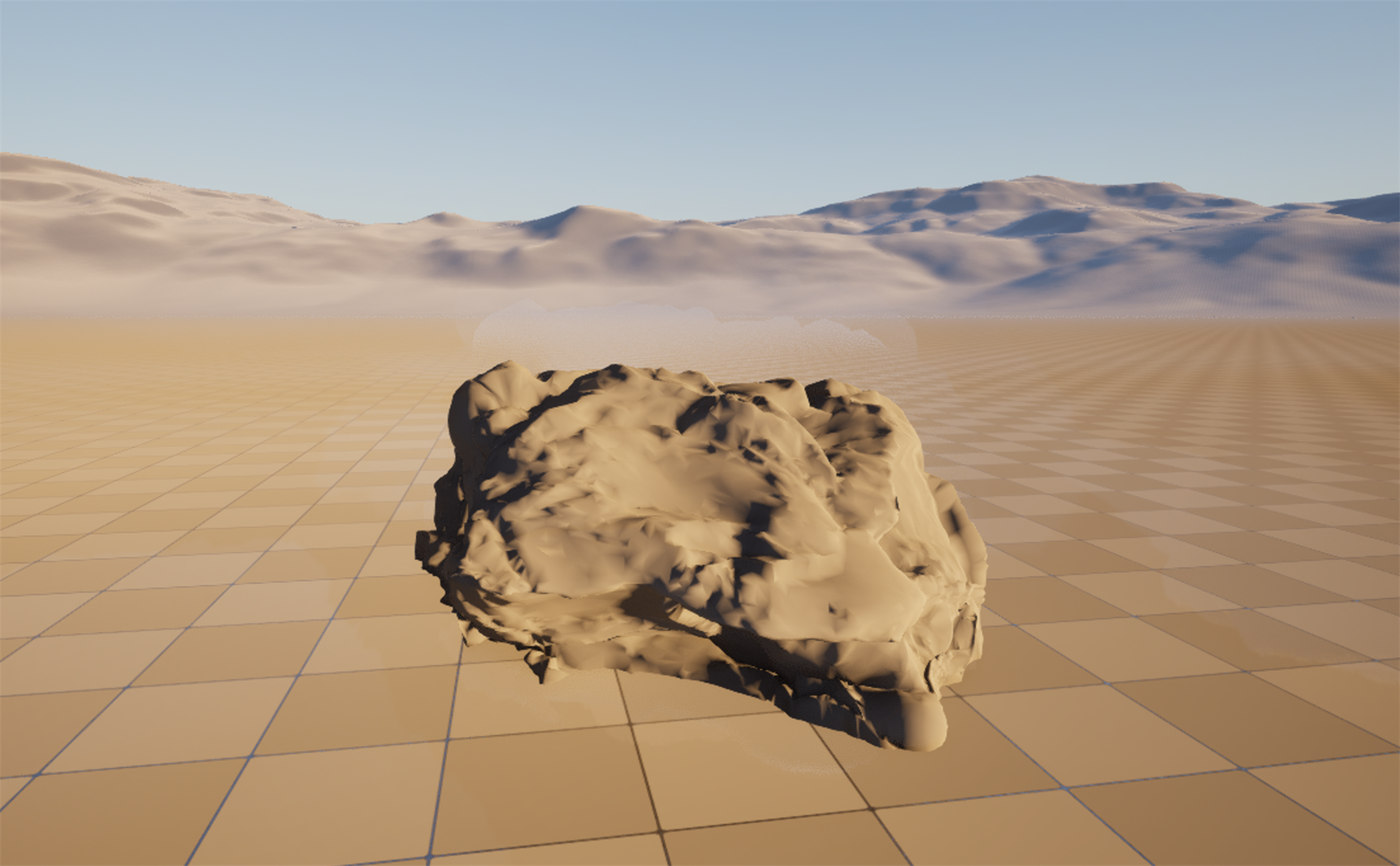 A real-time desert scene captured live in the course's Unreal project, lit by Lumen. A single large scanned-style boulder sits half-buried in warm sand under a low golden sun. The top and one side of the rock catch bright direct sunlight, while the opposite side and the deep crevices face away from the sun and receive no direct light, yet they are not black: they glow a warm tan because light bounced off the sunlit sand fills them. Behind the rock a hazy ring of dunes meets a clear graded sky. The shadowed side is filled entirely by Lumen's real-time indirect light.