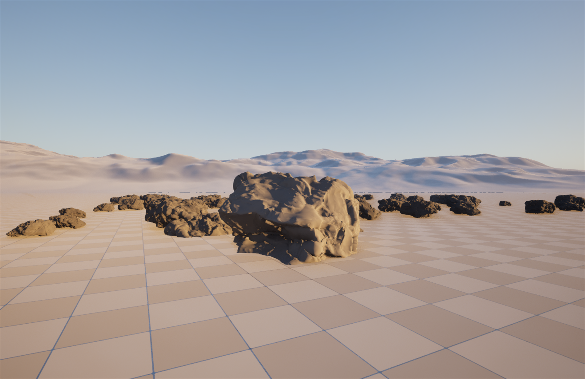A finished desert vista captured live in the course's Unreal project. A large scanned-style hero boulder sits just right of center in the foreground, and behind and around it a field of smaller rocks is scattered across the flat desert basin, receding toward a hazy ring of dunes on the horizon. A low warm sun rakes across the rocks from the side, picking out their shapes, under a clean sky graded from deep blue at the top to warm near the horizon. The hero boulder was placed by hand and the field was generated by PCG, all lit by Lumen.