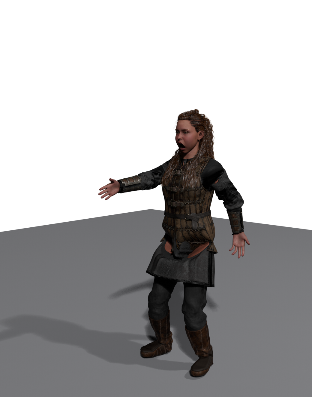 A textured Daz Genesis character named Kat rendered in Blender: a young woman in layered leather armor, arm guards, a studded vest, a skirt, and tall boots, with long braided auburn hair, standing in a gesturing pose on a neutral studio floor.