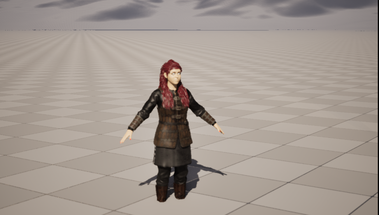 A cinematic frame captured in Unreal Engine 5.8: the armored, red-haired character SK_Anya (Kat) stands facing camera in an A-pose on a vast flat landscape under a hazy, cloud-streaked sky, lit from the front so her leather-and-plate armor, braided hair, and boots are clearly readable. The framing is a wide full-body shot composed through a Cine Camera Actor.