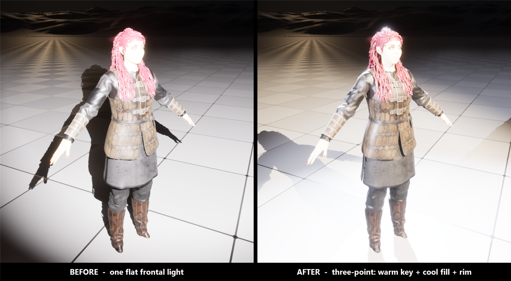 A side-by-side comparison of the same red-haired armored character standing in an A-pose on a dark checkered floor. Left, labeled BEFORE - one flat frontal light: the character is evenly but flatly lit, her face washed out and her form lacking depth, with a single hard shadow. Right, labeled AFTER - three-point: warm key + cool fill + rim: the same character has a warm light modeling one side of her face, a softer shadow on the other side, more visible depth in her armor, and a bright rim highlight along the top of her hair separating her from the dark background.