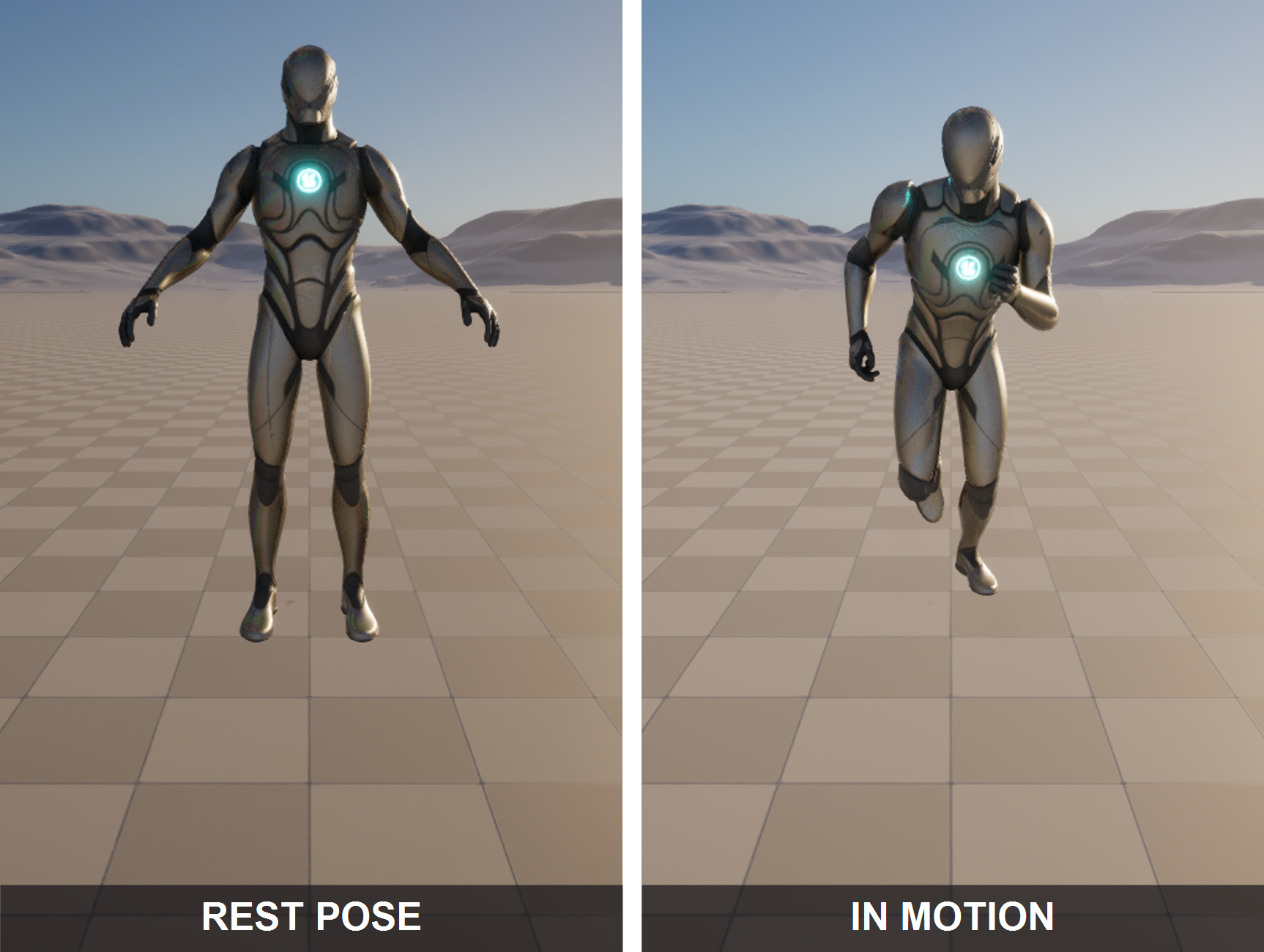 Two side-by-side captures of the project's sci-fi armored mannequin in the same Unreal scene, camera, and lighting. On the left, labelled REST POSE, the mannequin stands in its default rest stance with arms down. On the right, labelled IN MOTION, the same mannequin is on a frame of a run cycle, mid-stride with one leg lifted and the arms swinging, driven onto the rig in-engine.