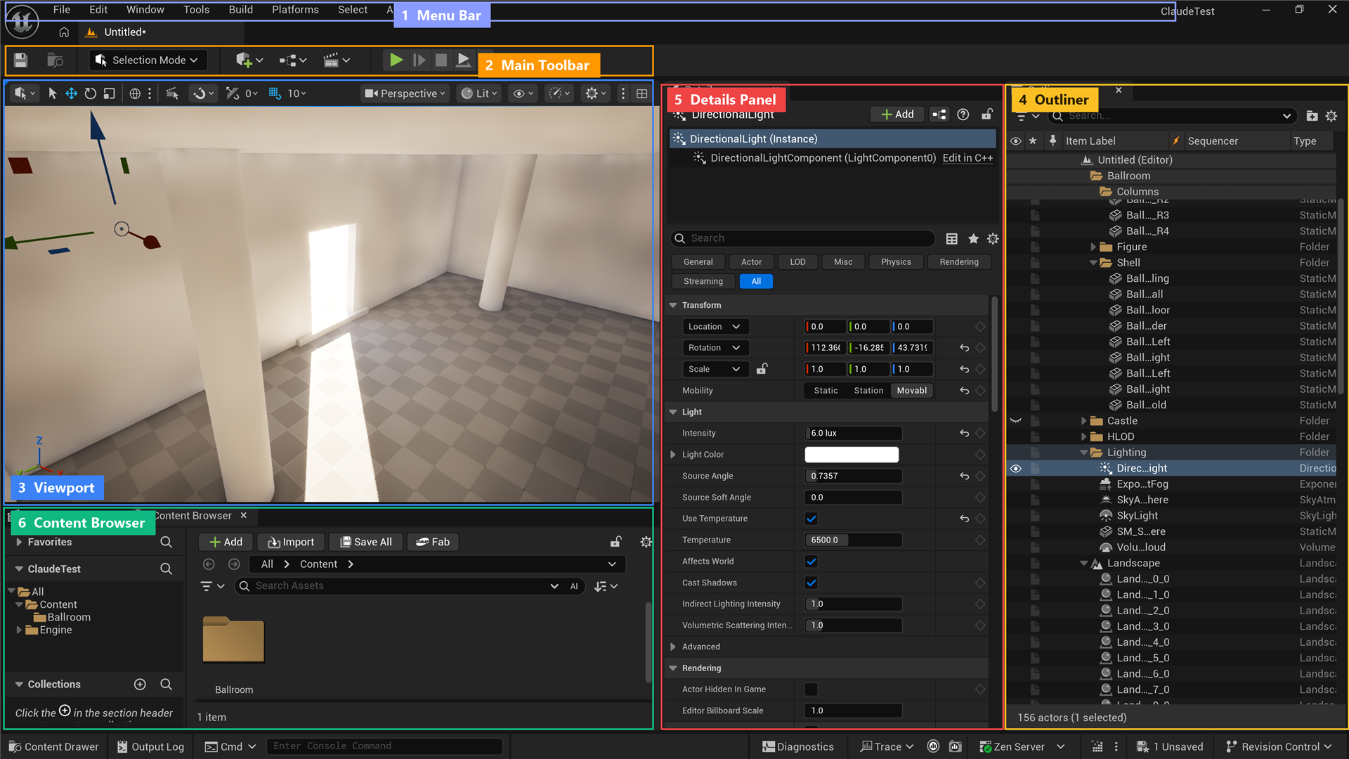 The Unreal Engine 5.8 editor showing six labeled panels: (1) Menu Bar across the top, (2) Main Toolbar below it, (3) Viewport at center displaying a 3D scene, (4) Outliner on the right, (5) Details Panel to its left, and (6) Content Browser along the bottom.