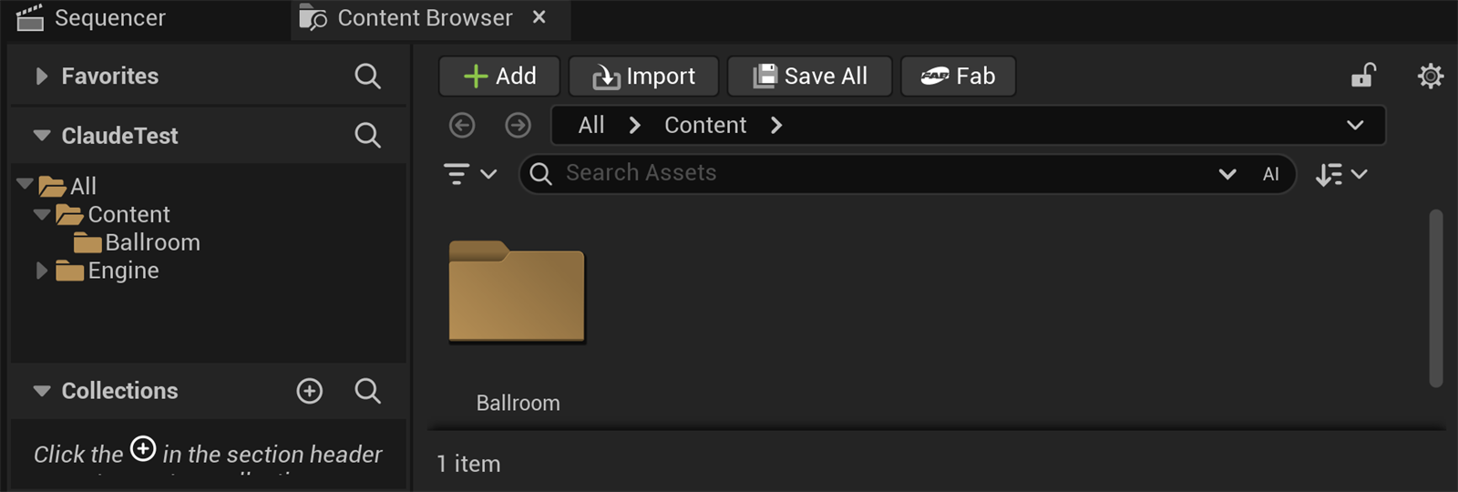 The Unreal Editor Content Browser panel in UE 5.8: the Favorites and folder tree on the left (All, Content, Ballroom, Engine), the Add, Import, Save All and Fab toolbar buttons, the path bar (All > Content), the asset search field, and the asset view showing the Ballroom folder.