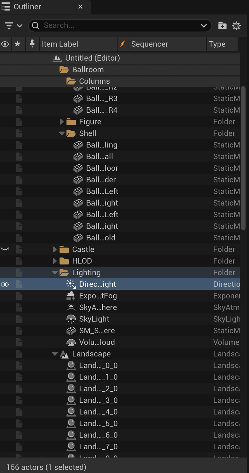 The Unreal Editor Outliner in UE 5.8 showing the Ballroom level hierarchy: nested folders (Columns, Figure, Shell, Castle, HLOD, Lighting, Landscape), the Item Label / Sequencer / Type columns, per-actor visibility eye icons (the Castle folder is hidden), and the selected DirectionalLight. The status bar reads 156 actors, 1 selected.