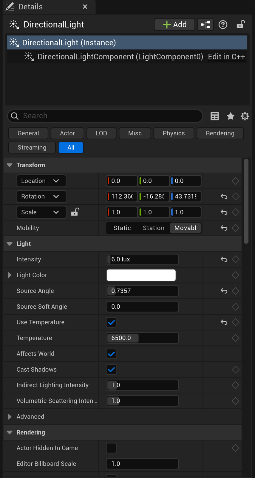 The Unreal Editor Details panel in UE 5.8 with a DirectionalLight selected: the component tree at the top, the property search field and category filter chips (General, Actor, LOD, Misc, Physics, Rendering, Streaming, All), and the Transform and Light categories showing Location, Rotation, Scale, Mobility, Intensity (6.0 lux), Light Color, and Temperature.