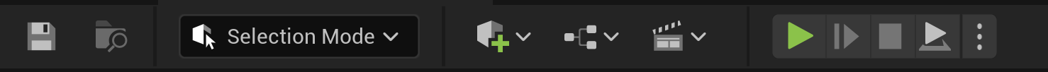 The Unreal Editor 5.8 main toolbar: Save and Open Level buttons, the Selection Mode dropdown, the Add, Blueprints and Cinematics dropdowns, and the Play, Skip, Stop and Step simulation controls.