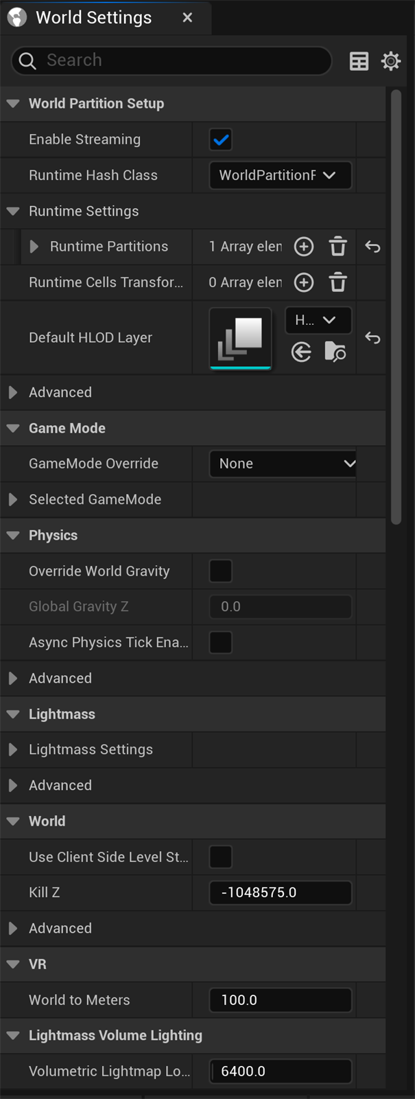 The World Settings panel in Unreal Engine 5.8, showing categories from top to bottom: World Partition Setup with an Enable Streaming checkbox ticked and a Runtime Hash Class of WorldPartitionRuntimeHashSet; Runtime Settings with Runtime Partitions and a Default HLOD Layer; Game Mode with GameMode Override set to None; Physics with Override World Gravity and Global Gravity Z; Lightmass; World with a Kill Z value of -1048575; VR with World to Meters at 100; and Lightmass Volume Lighting.