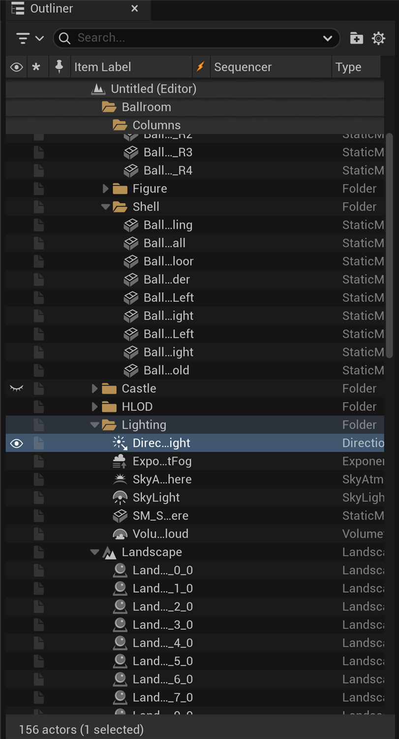 The Unreal Editor Outliner panel in UE 5.8 showing a level's Actors organized hierarchically: named folders such as Ballroom, Columns, Figure, Shell, Castle, HLOD, Lighting and Landscape, the Item Label, Sequencer and Type columns, per-actor visibility eye icons, and the selected DirectionalLight highlighted. The status bar reads 156 actors, 1 selected.
