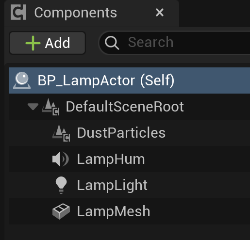 The Components panel of a lamp Actor Blueprint in the Unreal Editor 5.8. Beneath the actor entry (BP_LampActor, Self) is a DefaultSceneRoot, and under it four Components, each with a distinct type icon: DustParticles (a Niagara particle system), LampHum (an Audio component), LampLight (a Point Light), and LampMesh (a Static Mesh). An Add button and a search field sit above the list.