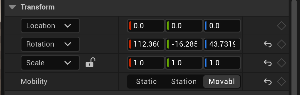 The Transform section of the Details panel in the Unreal Editor 5.8, with three rows: Location, Rotation and Scale, each shown as color-coded X (red), Y (green) and Z (blue) numeric fields, plus a Mobility toggle offering Static, Stationary and Movable. Location reads 0, 0, 0 and Scale reads 1, 1, 1.
