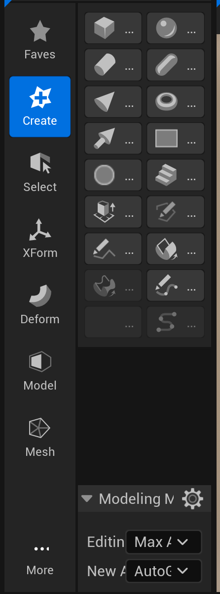 The Modeling Mode toolbar in the Unreal Editor 5.8. On the left is a column of tool categories (Faves, Create, Select, XForm, Deform, Model, Mesh, More) with Create selected, and next to it a palette of primitive-shape tools shown as icons: Box, Sphere, Cylinder, Capsule, Cone, Torus, Arrow, Rectangle, Disc, and Stairs, plus extrude and revolve tools. A Modeling settings panel sits at the bottom.