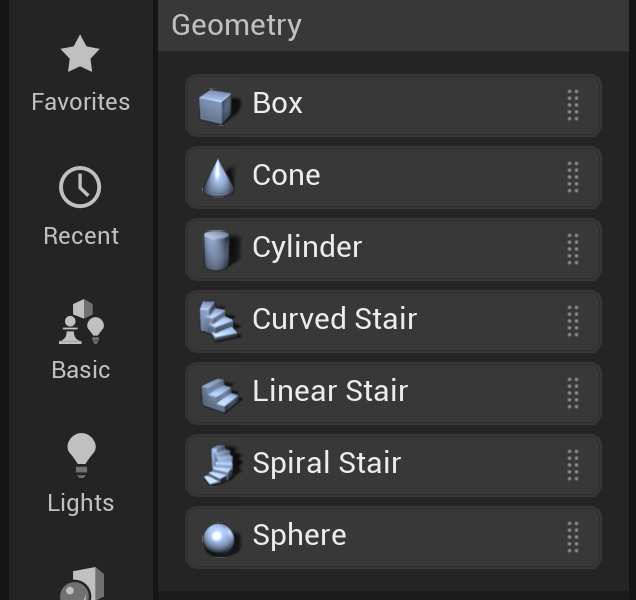 The Place Actors panel in the Unreal Editor 5.8 with the Geometry category expanded, listing the legacy BSP brush types: Box, Cone, Cylinder, Sphere, and stair brushes, each with a small icon.
