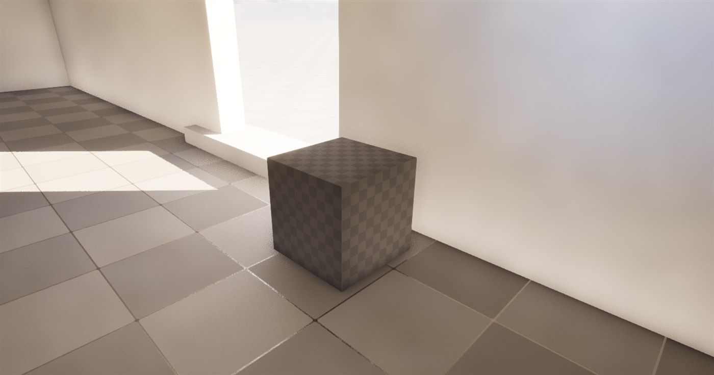 A grey blockout box created with Modeling Mode's Box tool, sitting in the Unreal Editor 5.8 viewport. The box is a real Static Mesh with a selection outline, standing on the checkered floor of the level.