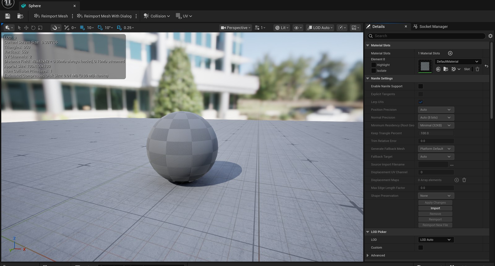 The Static Mesh Editor in the Unreal Editor 5.8 showing a sphere in the viewport, a mesh-statistics overlay (LOD 0, Triangles 960, Vertices 559, UV Channels 2, approximate size 100x100x100), and the Details panel on the right with Material Slots, Nanite Settings (an Enable Nanite Support checkbox), and the LOD Picker. The toolbar has Reimport, Collision, and UV menus.