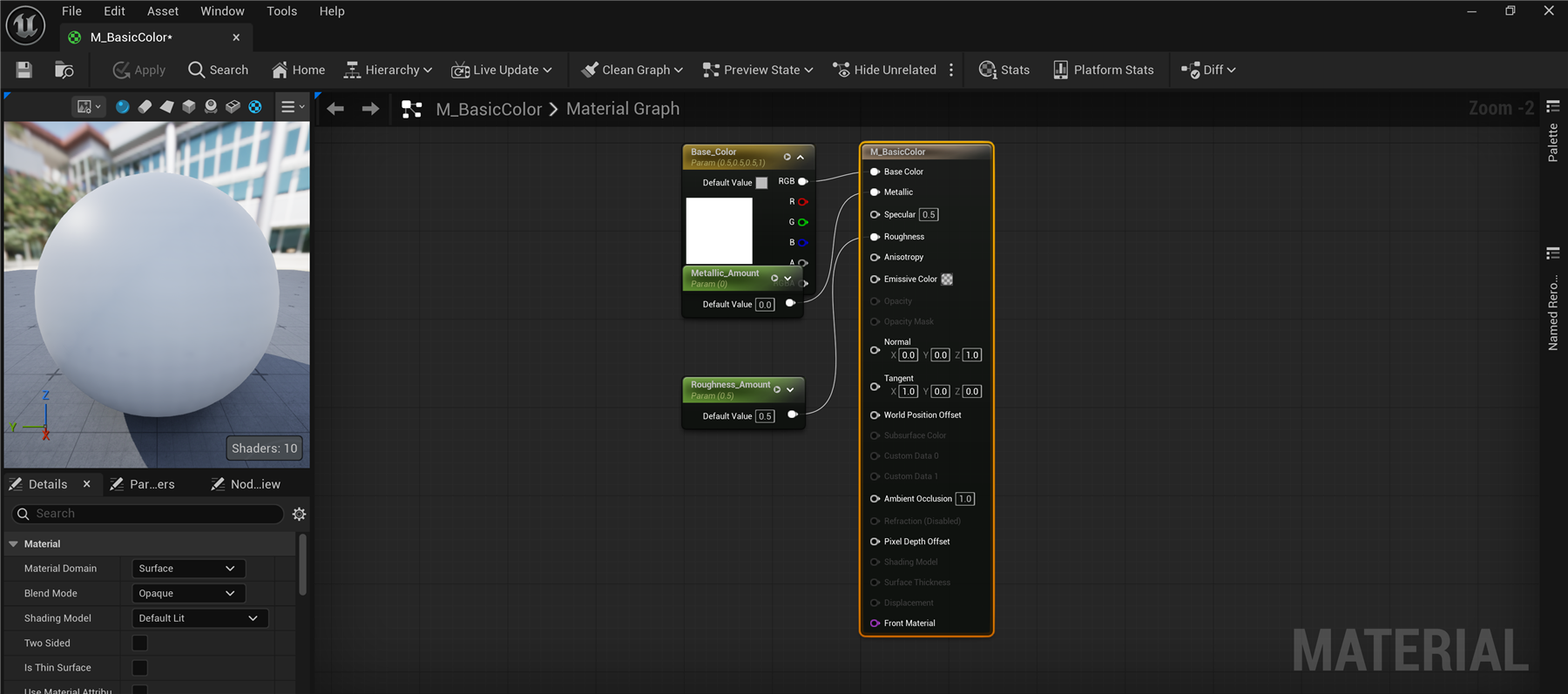 The Unreal Engine 5.8 Material Editor showing the M_BasicColor material: a live Preview sphere at top-left, the Details panel below it, the node graph in the center with Base Color, Metallic, and Roughness parameter nodes wired into the main material node, and the searchable Palette docked at the right.