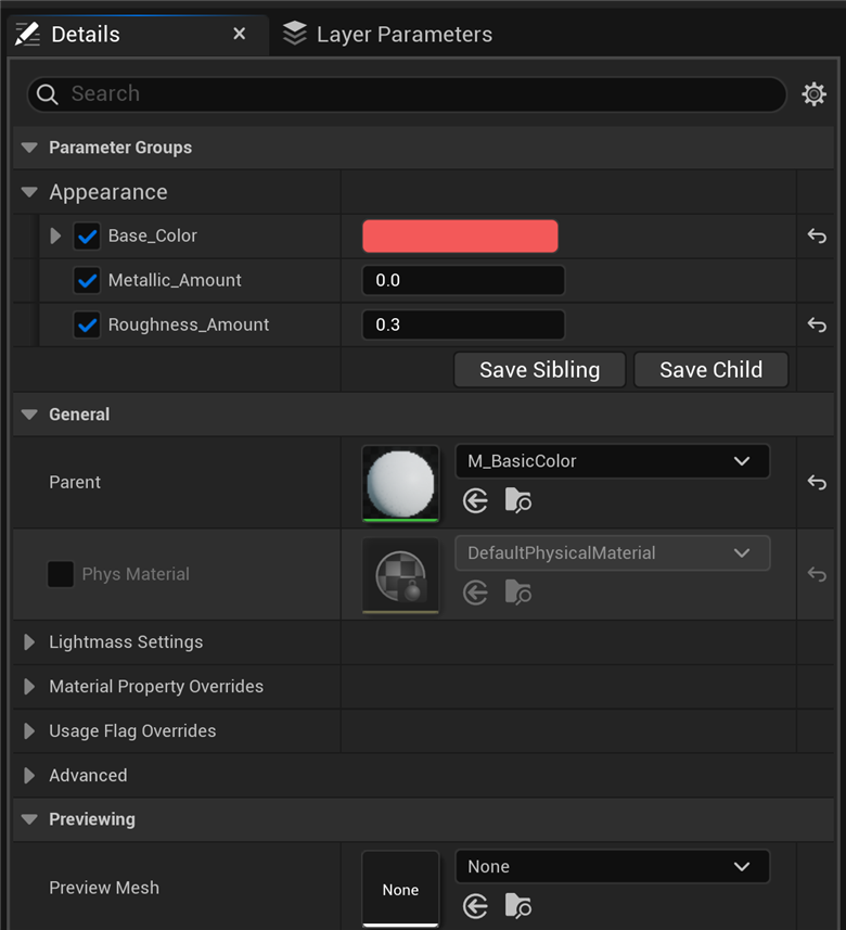 The Material Instance editor Details panel for MI_BasicColor_RedPlastic. Under an Appearance group, three parameters (Base_Color, Metallic_Amount, Roughness_Amount) each show a checked override checkbox and an editable value; below, the General section lists the parent material, M_BasicColor.
