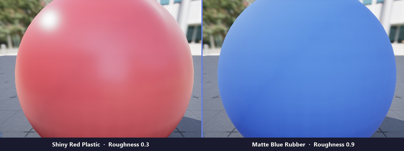 Two spheres rendered side by side in Unreal Engine 5.8. Left: a shiny red plastic sphere (Roughness 0.3) with a sharp specular highlight. Right: a matte blue rubber sphere (Roughness 0.9) with soft, diffuse shading and no visible highlight. Both are instances of the same parent material.