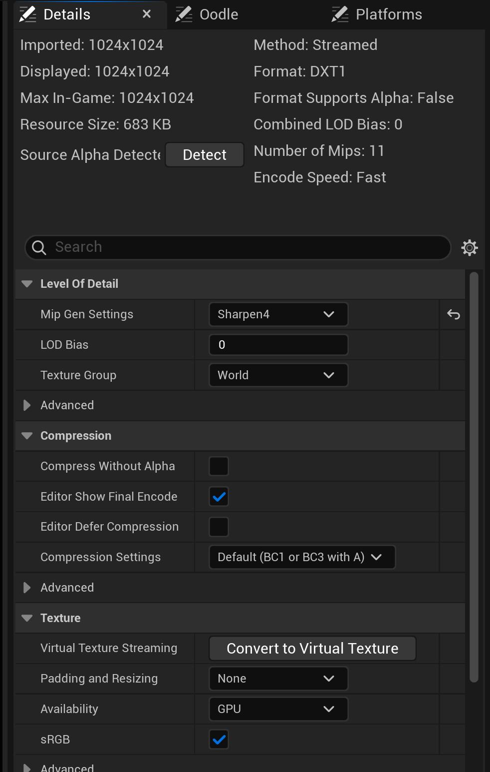 The Unreal Engine 5.8 Texture Editor Details panel for a color texture. The info header lists Format DXT1, Number of Mips 11, and Method Streamed. The Level Of Detail group shows Mip Gen Settings, LOD Bias 0, and Texture Group set to World. The Compression group shows Compression Settings set to Default (BC1 or BC3 with A). The Texture group shows the sRGB checkbox enabled.