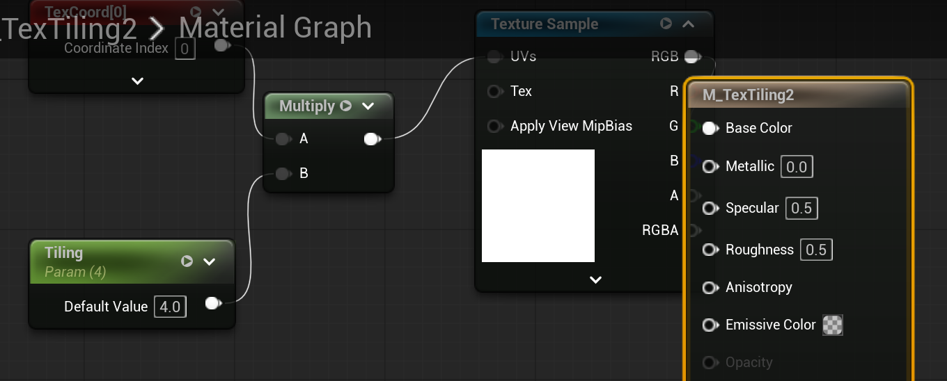 A real UE 5.8 Material Editor graph. A TextureCoordinate node and a scalar parameter named Tiling set to 4.0 both feed a Multiply node; the Multiply output connects to the UVs input of a Texture Sample node, whose RGB output drives the material Base Color.