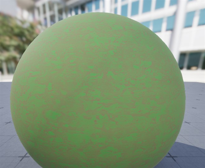 The Material Editor preview sphere in UE 5.8 showing the finished terrain blend material: a matte surface where green grass patches and brown dirt patches mix in an organic, noise-driven pattern across the sphere.