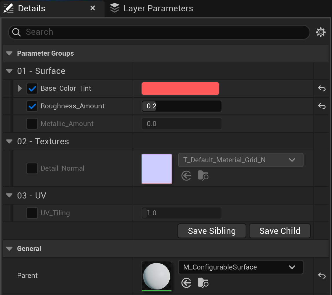 The Material Instance Editor Details panel for MI_ShinyPlastic_Red in UE 5.8, showing parameter groups 01 - Surface (Base_Color_Tint and Roughness_Amount with override checkboxes enabled, Metallic_Amount left at the parent default), 02 - Textures, and 03 - UV, with the Parent set to M_ConfigurableSurface.