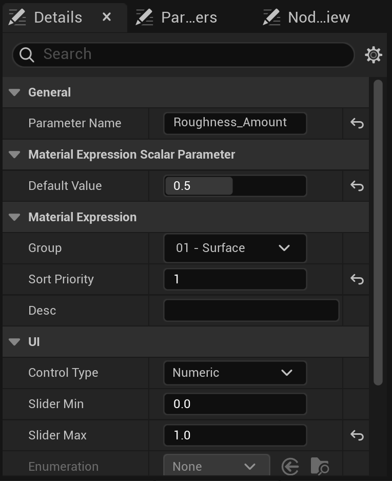 The Details panel for a Scalar Parameter node named Roughness_Amount in the UE 5.8 Material Editor, showing Parameter Name, Default Value 0.5, Group 01 - Surface, Sort Priority 1, Control Type Numeric, Slider Min 0.0, and Slider Max 1.0.