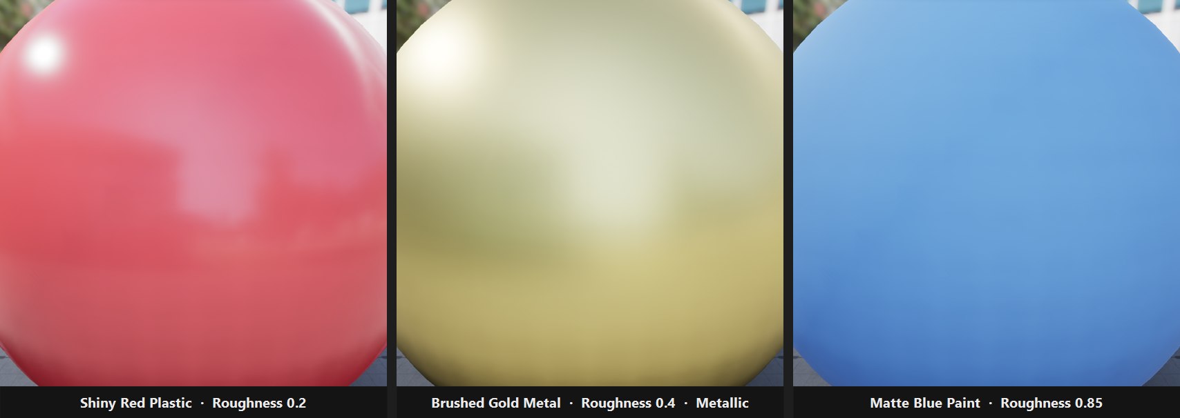 Three spheres rendered from three Material Instances of the same parent material M_ConfigurableSurface: Shiny Red Plastic at roughness 0.2 with a sharp specular highlight, Brushed Gold Metal at roughness 0.4 and fully metallic with soft warm reflections, and Matte Blue Paint at roughness 0.85 with a flat diffuse surface.