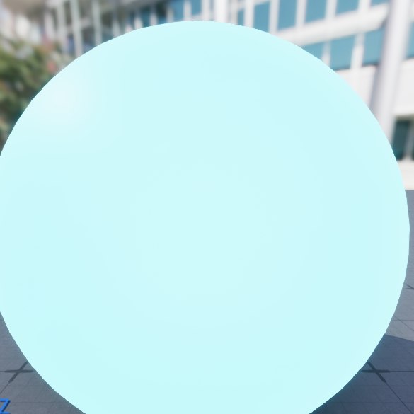 Unreal Engine 5.8 Material Editor preview sphere showing a bright cyan emissive material that glows and casts a soft colored light onto the ground plane, illustrating an HDR emissive surface.