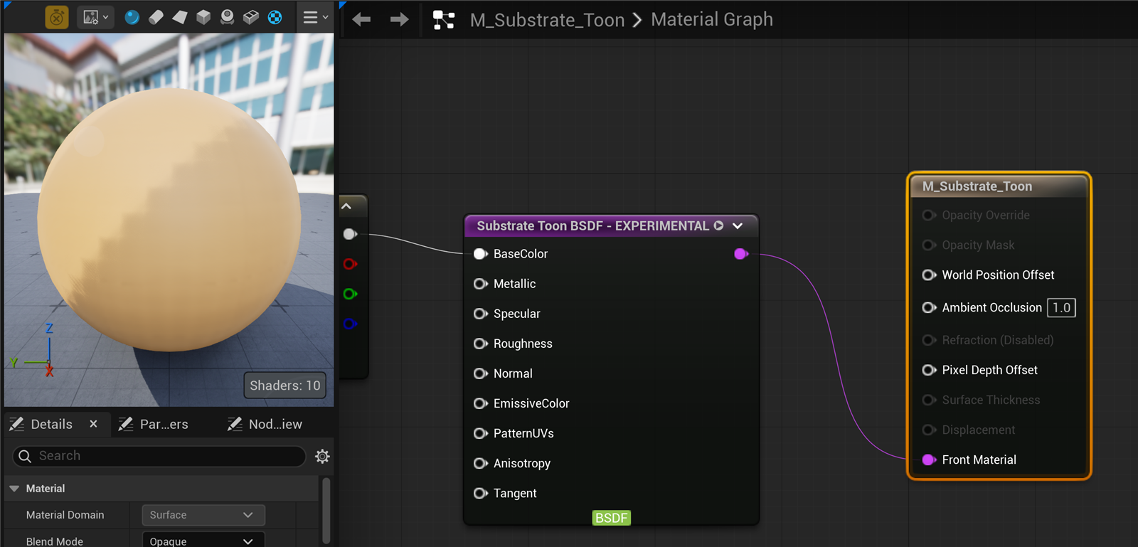 Unreal Engine 5.8 Material Editor with Substrate enabled: the preview sphere shows a cel-shaded material with a hard, stepped shadow terminator and flat bands, and the graph shows a node labeled Substrate Toon BSDF - EXPERIMENTAL wired into the material's Front Material input.