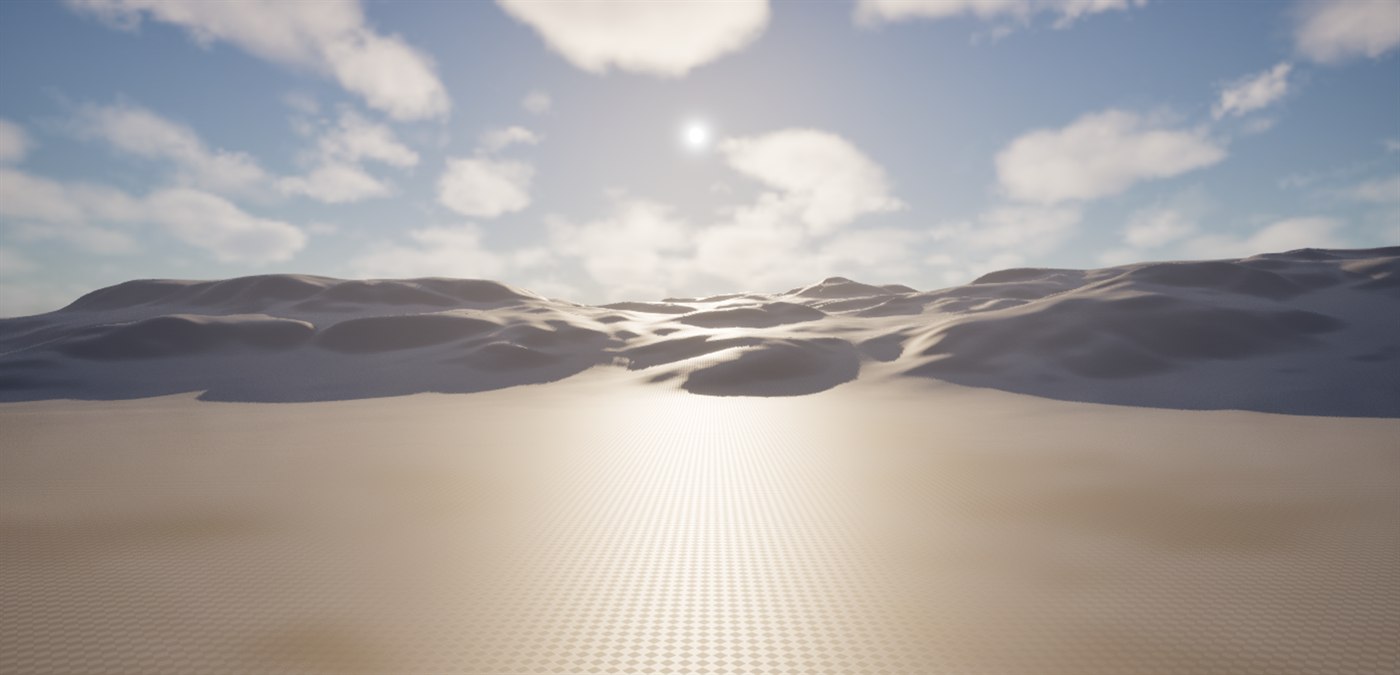 Unreal Engine 5.8 level viewport showing an outdoor landscape under a blue sky, with the sun disk, volumetric clouds, and soft directional shadows across the dunes.