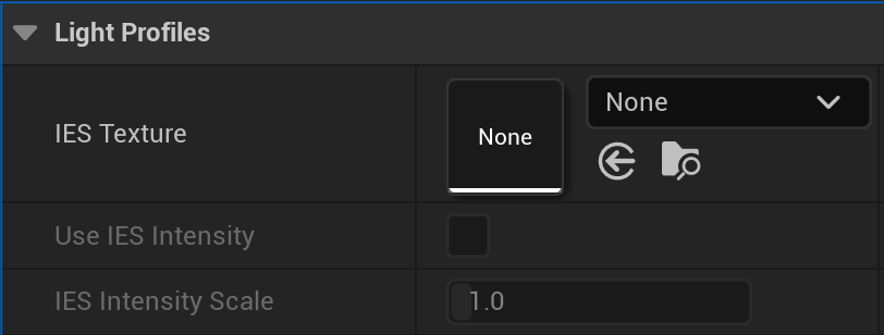 The Light Profiles category in a Spot Light's Details panel, showing the IES Texture asset slot, the Use IES Intensity checkbox, and the IES Intensity Scale field.