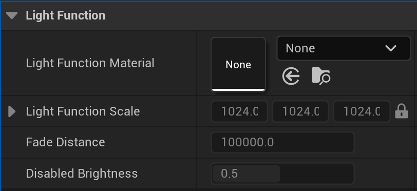 The Light Function category in a light's Details panel, showing the Light Function Material asset slot, Light Function Scale, Fade Distance, and Disabled Brightness fields.