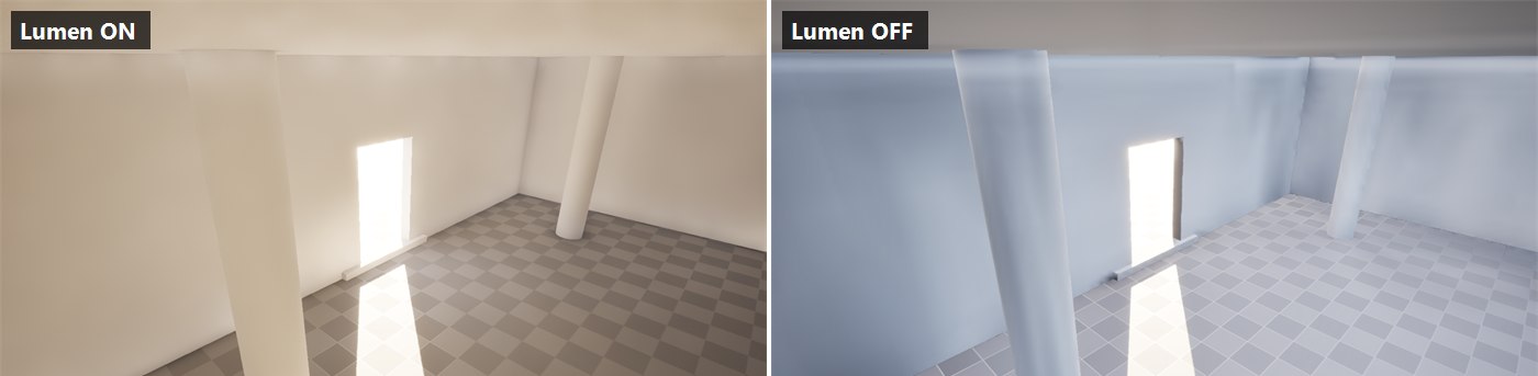 Side by side comparison of the same interior room with Lumen global illumination enabled versus disabled