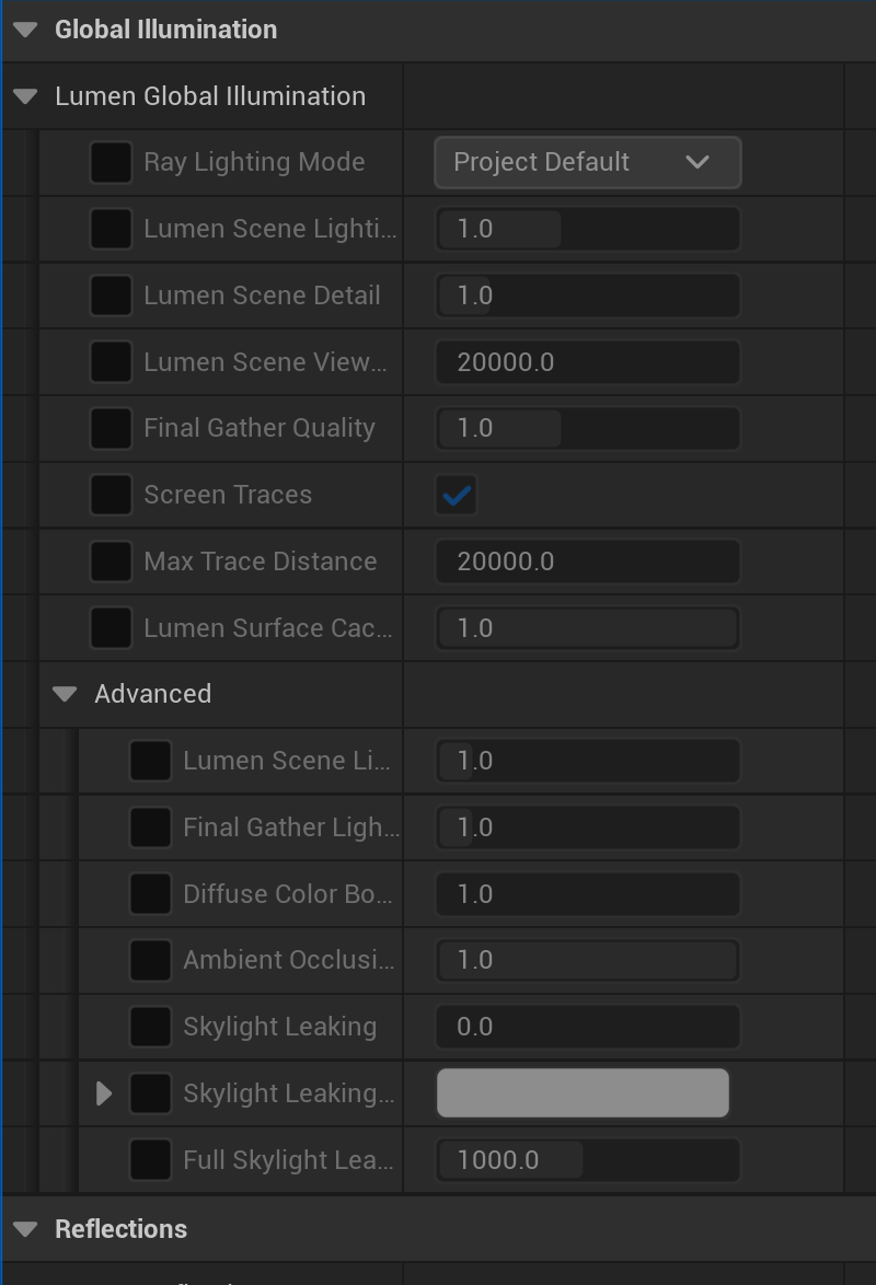 Details panel of a Post Process Volume filtered to Lumen, showing the Lumen Global Illumination settings: Ray Lighting Mode, Lumen Scene Lighting Quality, Lumen Scene Detail, Final Gather Quality, Screen Traces, and Max Trace Distance