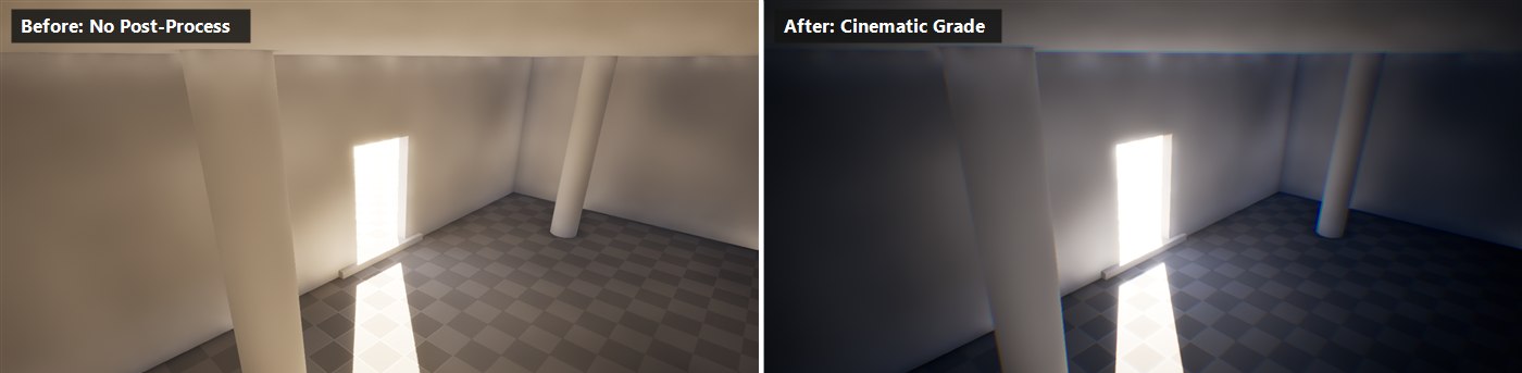 Side-by-side viewport comparison of the same interior in Unreal Engine 5.8: on the left with no post-processing (flat, bright, warm), on the right with a cinematic grade applied (cooler teal shadows, a warm glow at the doorway, a vignette darkening the corners, and higher contrast).