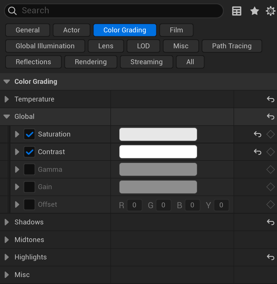 The Color Grading category of a Post Process Volume's Details panel in UE 5.8, selected via the Color Grading filter chip. The Global subsection is expanded, showing Saturation and Contrast overridden (checkboxes ticked) alongside Gamma, Gain, and Offset, with the Temperature, Shadows, Midtones, Highlights, and Misc subsections listed below.
