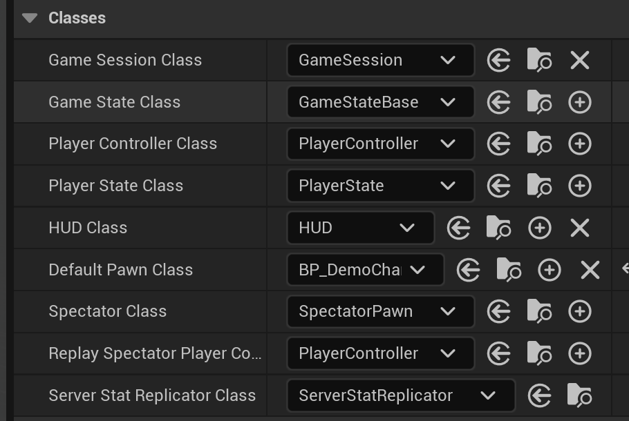 The Classes category of a Game Mode Blueprint's Class Defaults in Unreal Engine 5.8, listing Game State Class, Player Controller Class, Player State Class, HUD Class, and Default Pawn Class set to a character Blueprint, plus Spectator and Server Stat Replicator classes.