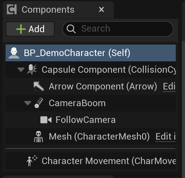 The Components panel of a Character Blueprint in Unreal Engine 5.8, showing the Capsule Component as the root with an Arrow Component, a CameraBoom spring arm parenting a FollowCamera, a skeletal Mesh, and the inherited Character Movement component.
