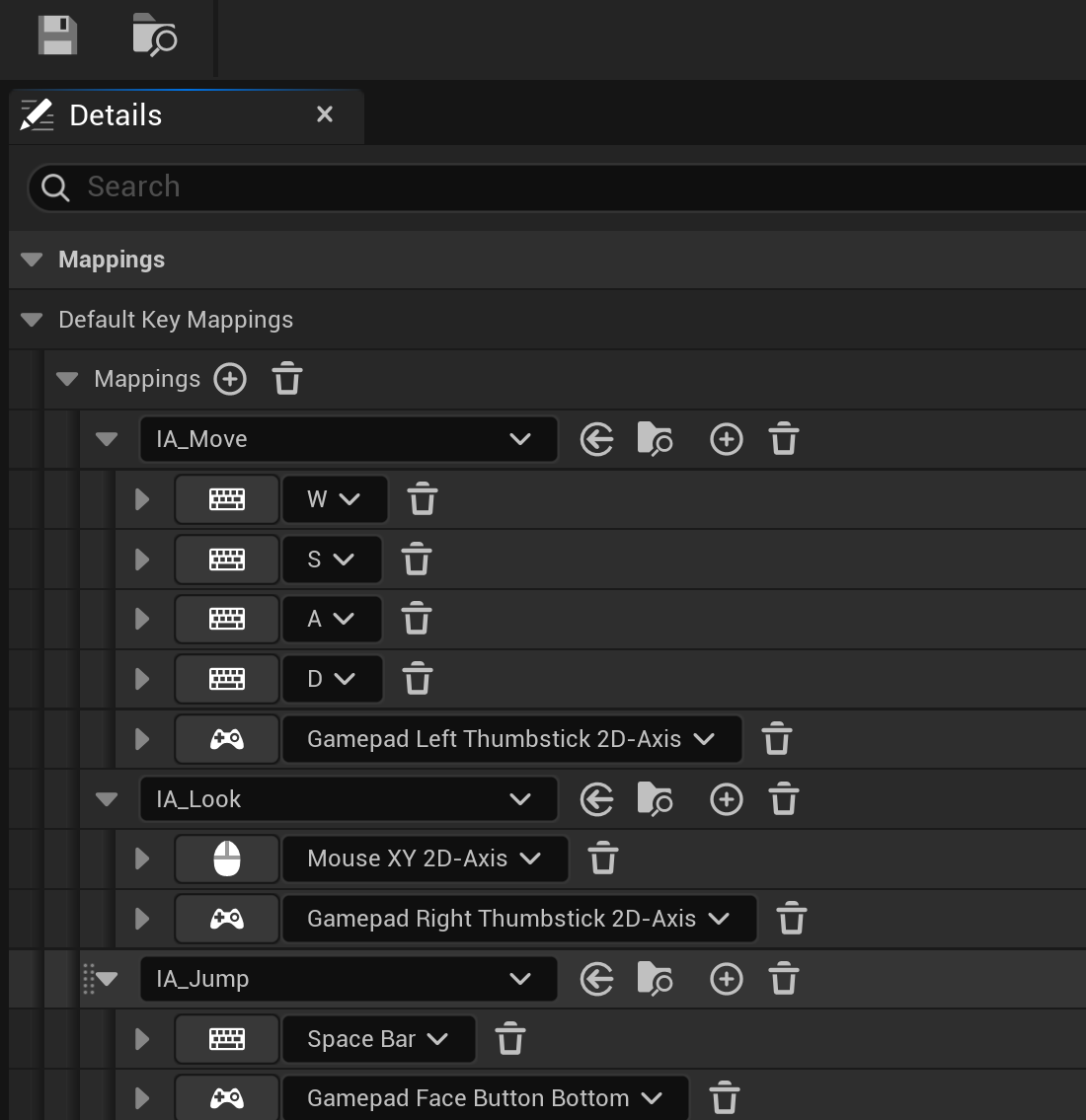 The Input Mapping Context editor Details panel in Unreal Engine 5.8, showing the Default Key Mappings array with IA_Move, IA_Look, and IA_Jump input actions each expanded to list their keyboard and gamepad key bindings.