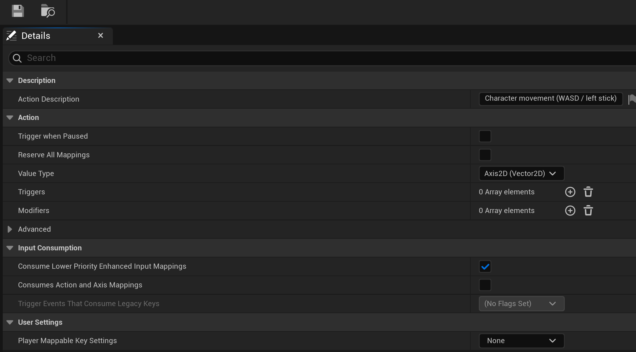 The Input Action editor Details panel for IA_Move in Unreal Engine 5.8, with Value Type set to Axis2D (Vector2D), empty Triggers and Modifiers arrays, and the Input Consumption group showing Consume Lower Priority Enhanced Input Mappings enabled.