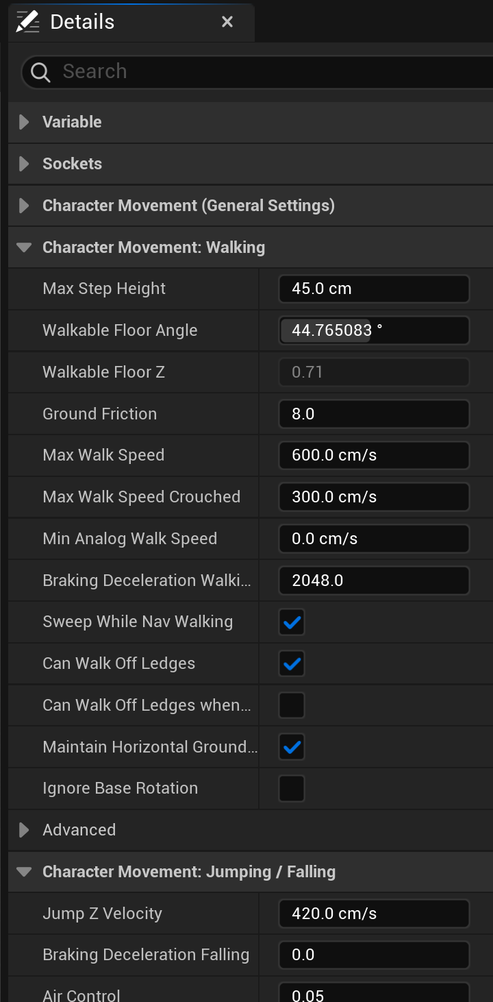 The Character Movement Component Details panel in Unreal Engine 5.8, with the Walking category showing Ground Friction 8.0 and Max Walk Speed 600 cm/s, and the Jumping / Falling category showing Jump Z Velocity 420 cm/s and Air Control 0.05.