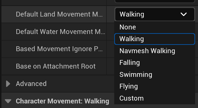 The movement mode dropdown in Unreal Engine 5.8, opened on the CharacterMovement Default Land Movement Mode setting, listing None, Walking, Navmesh Walking, Falling, Swimming, Flying, and Custom.