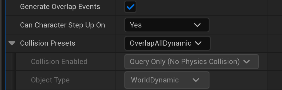 The Collision section of a Box Collision component's Details panel in Unreal Engine 5.8: Generate Overlap Events is checked, Collision Presets is OverlapAllDynamic, Collision Enabled is Query Only (No Physics Collision), and Object Type is WorldDynamic.
